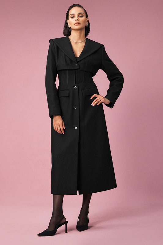 Winter Wool Vendome Long Corset Coat - Black/Black