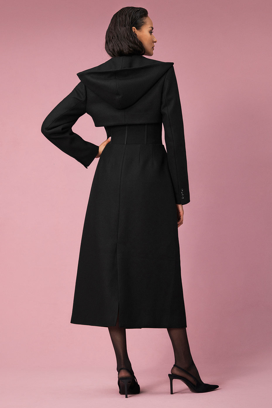 Winter Wool Vendome Long Corset Coat - Black/Black