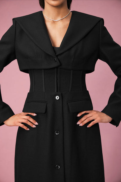 Winter Wool Vendome Long Corset Coat - Black/Black
