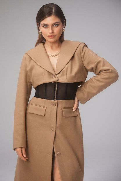 Winter Wool Vendome Long Corset Coat - Toasted Almond/Black