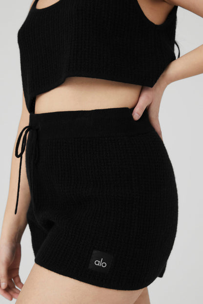 Cashmere High-Waist Plush Waffle Short - Black