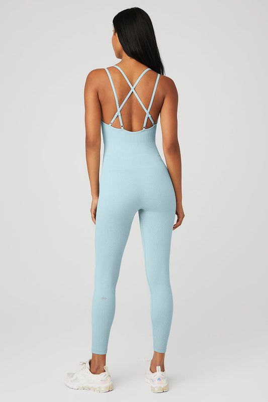 Semi-Sheer Seamless Cable Knit Onesie - Chalk Blue