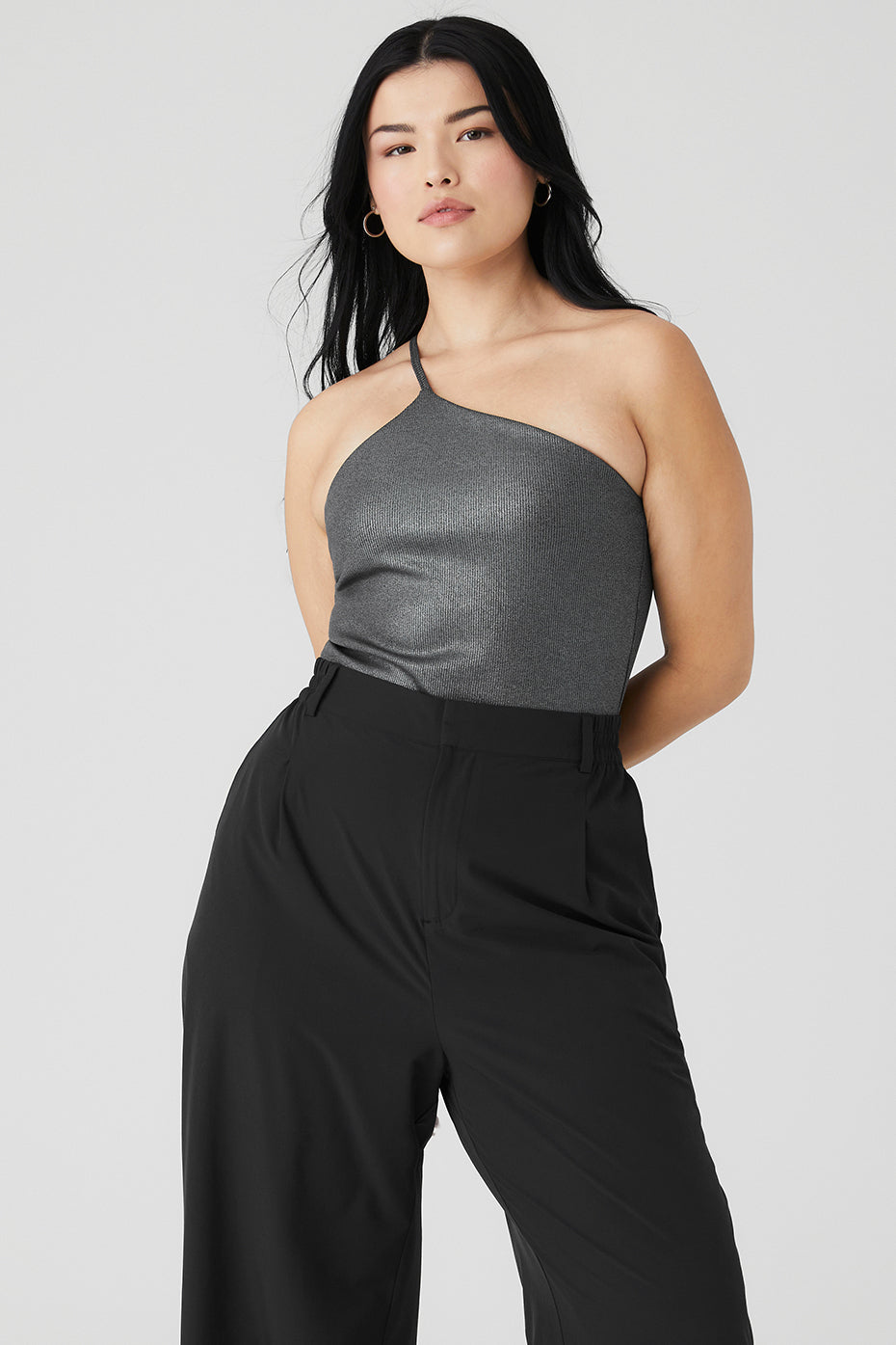 Alosoft Ribbed Shimmer Plie Bodysuit - Dark Grey Iridescent