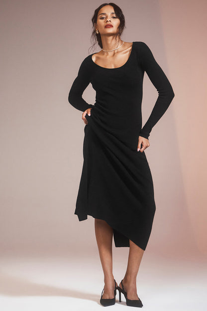 Ribbed Silk Cashmere Plaisir Long Sleeve Dress - Black