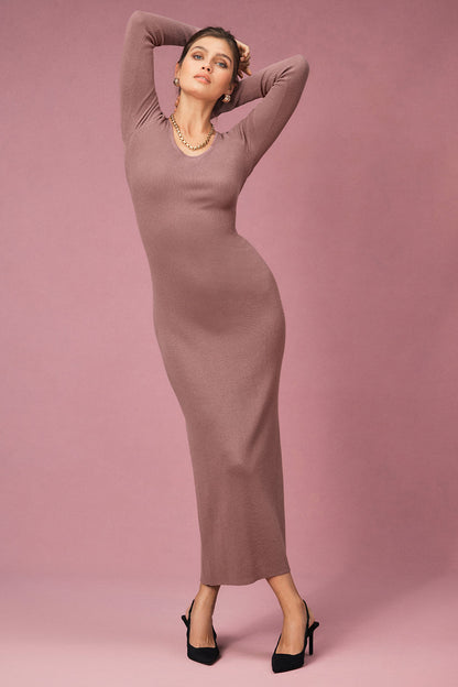 Ribbed Silk Cashmere Plaisir Long Sleeve Dress - Smoky Quartz