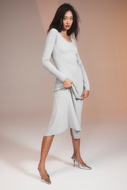 Ribbed Silk Cashmere Plaisir Long Sleeve Dress - Soft Grey