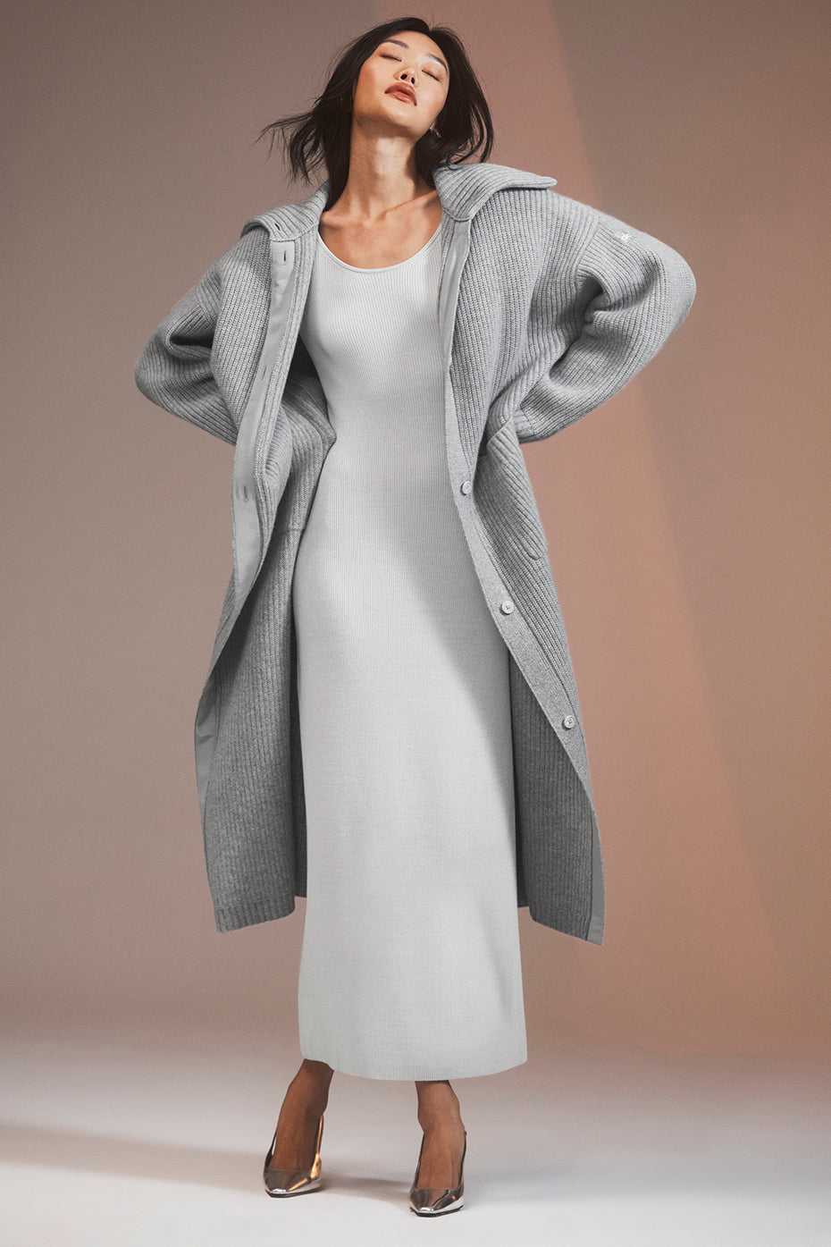 Ribbed Silk Cashmere Plaisir Long Sleeve Dress - Soft Grey