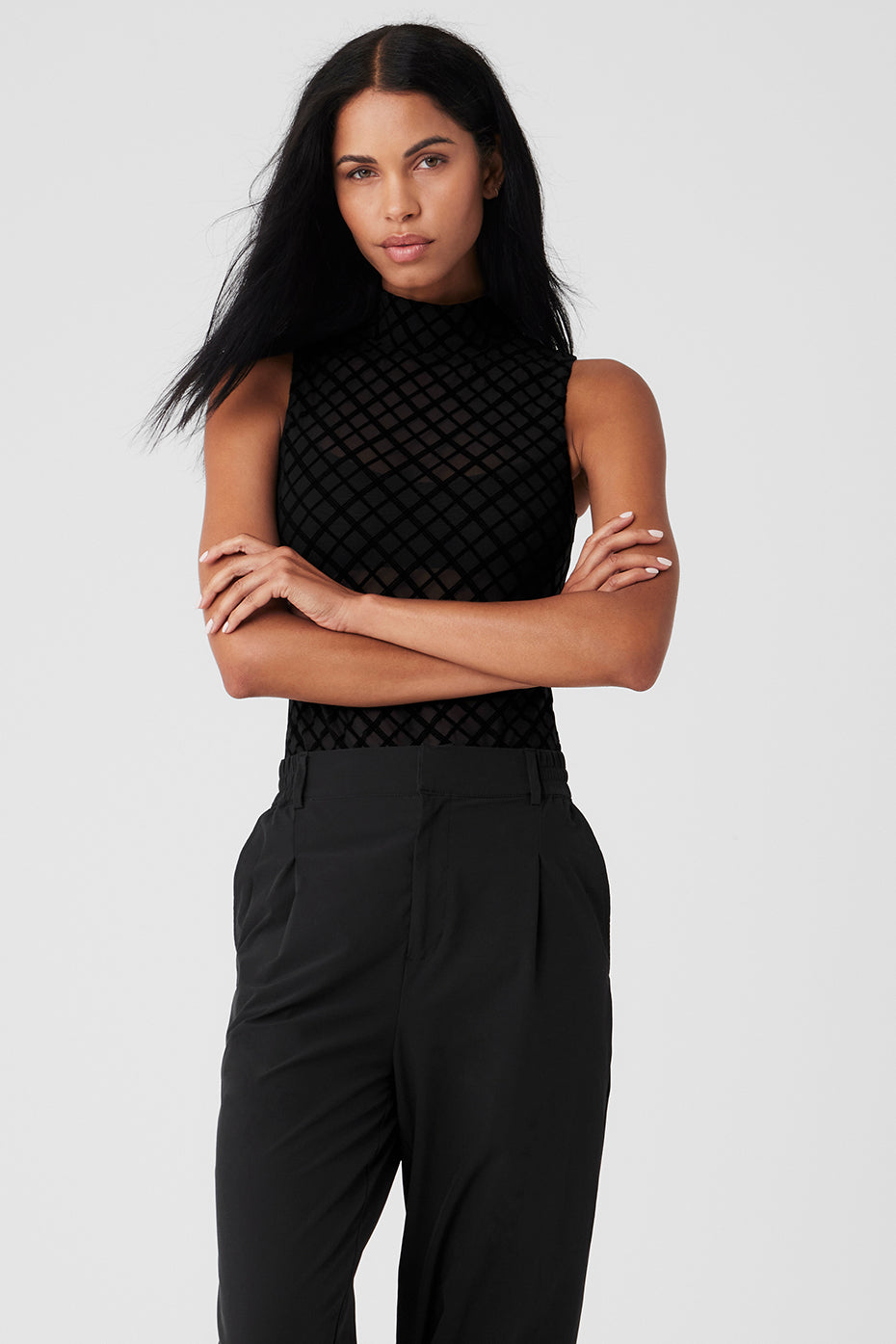 Mesh Plaid Mock Neck Bodysuit - Black