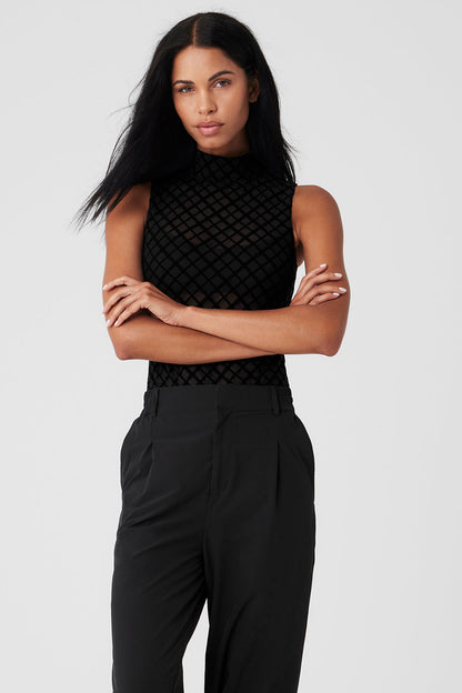 Mesh Plaid Mock Neck Bodysuit - Black